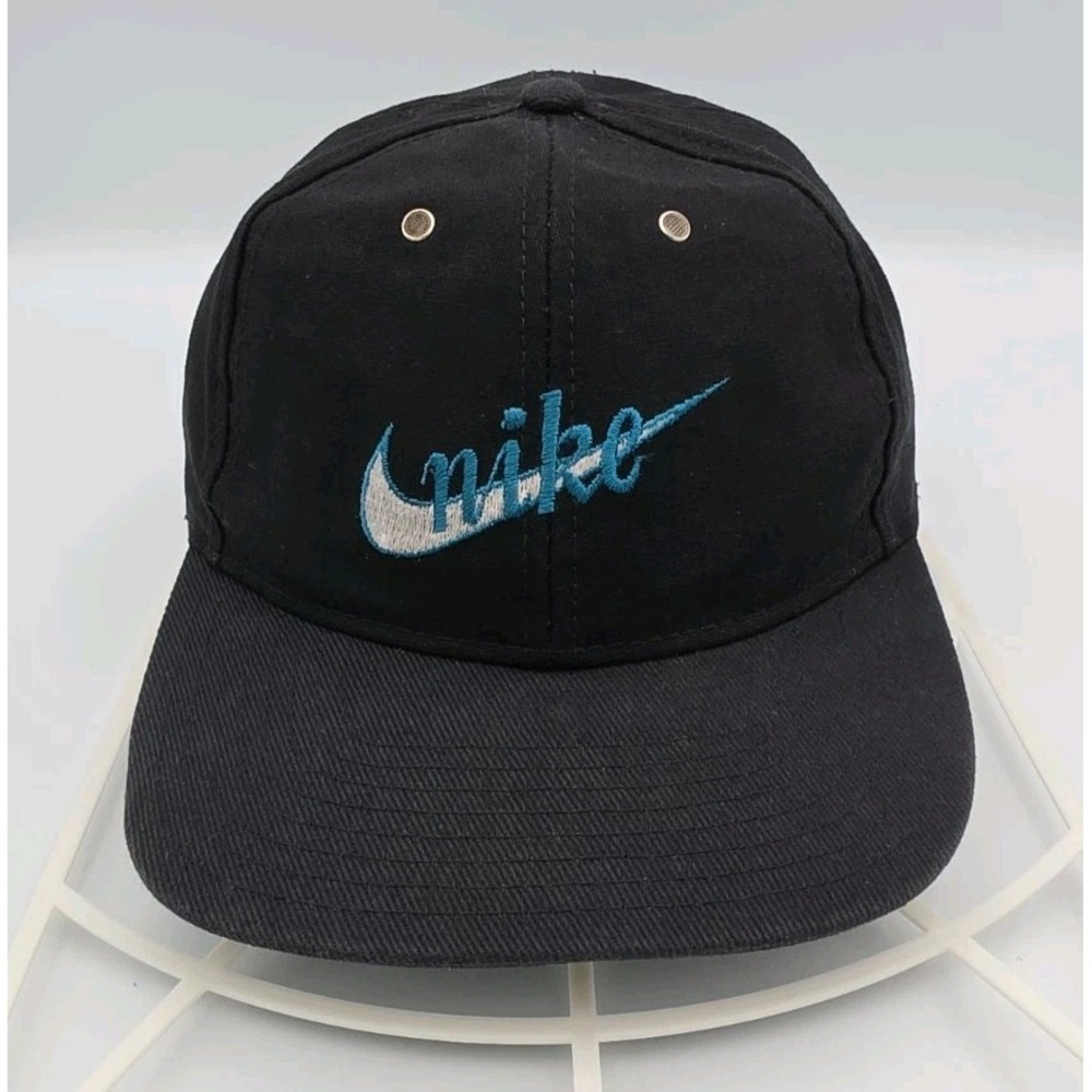 Vintage 90s Nike Classic Logo Black & Teal w/ Swoosh Cap Snapback Hat Excellent